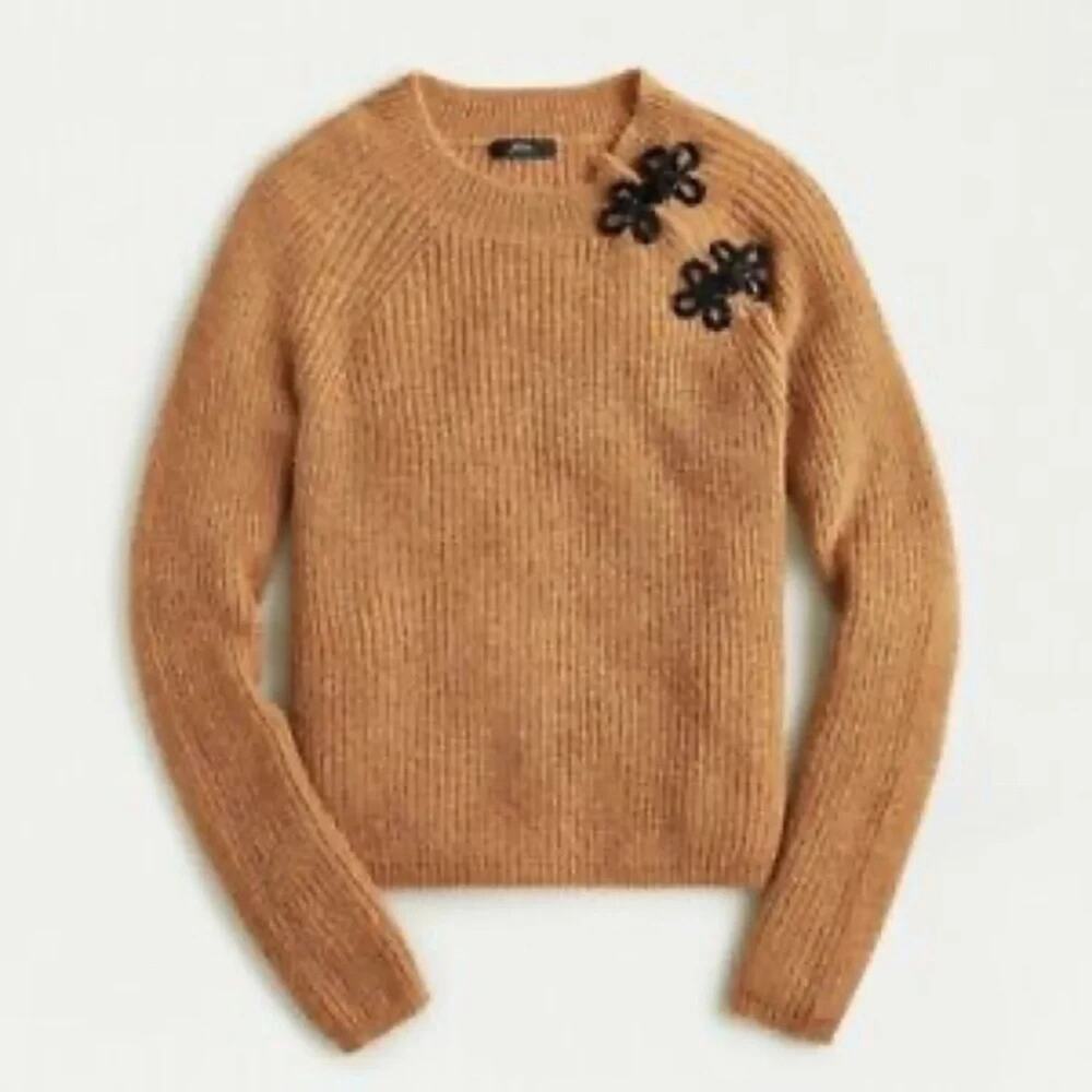 J.Crew Alpaca Wool Blend Chunky Knit Sweater XXL Camel Beaded Floral A010377